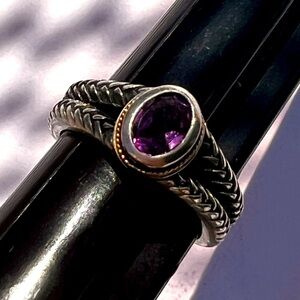 Vintage 925 Sterling Silver 18k Gold Amethyst Designer Size 7.5